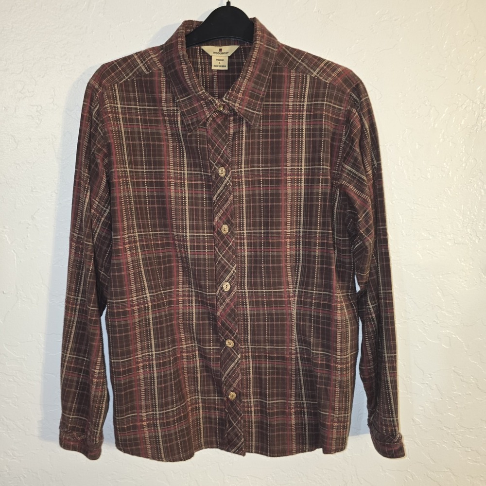 Woolrich L Brown Textured Plaid Cotton Oval Buttons LS Button down Shirt Top